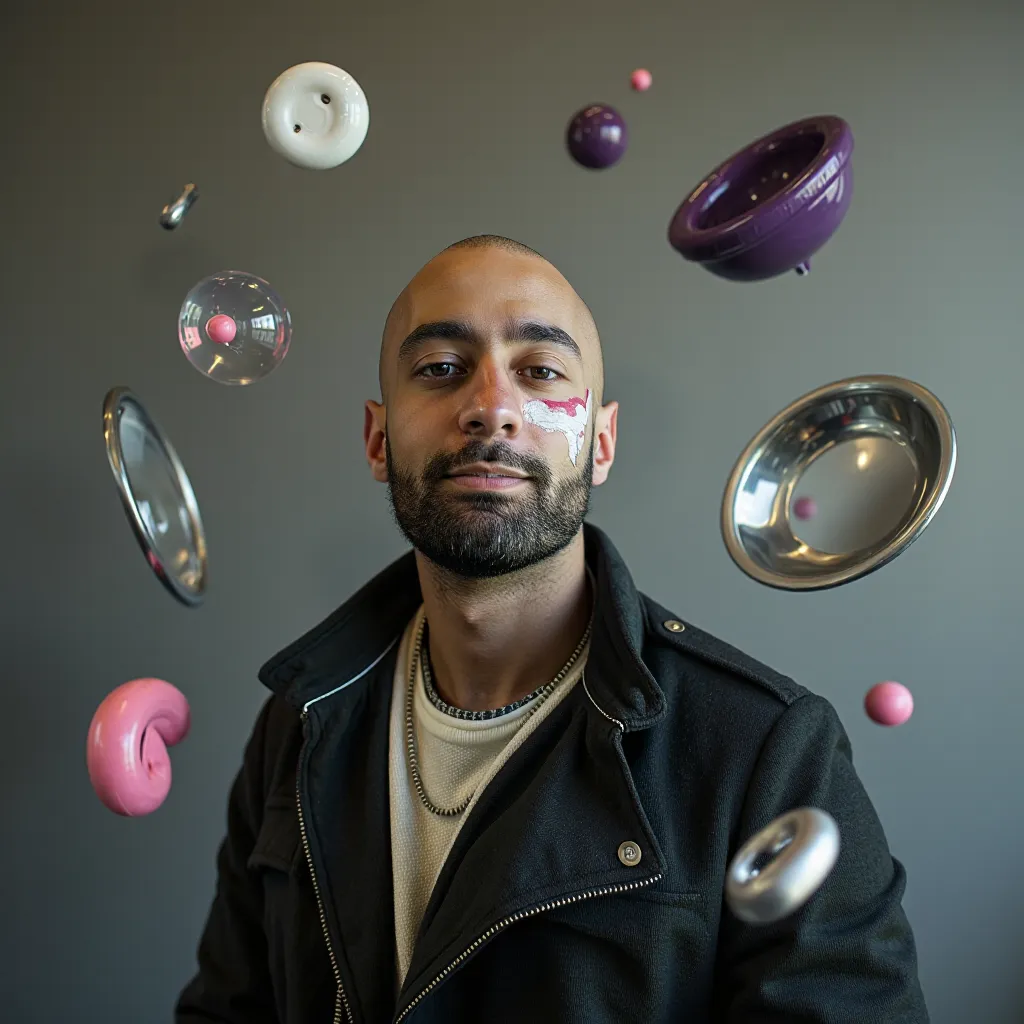 A man with abstract face paint, surrounded by surreal props like floating geometric shapes and refle...