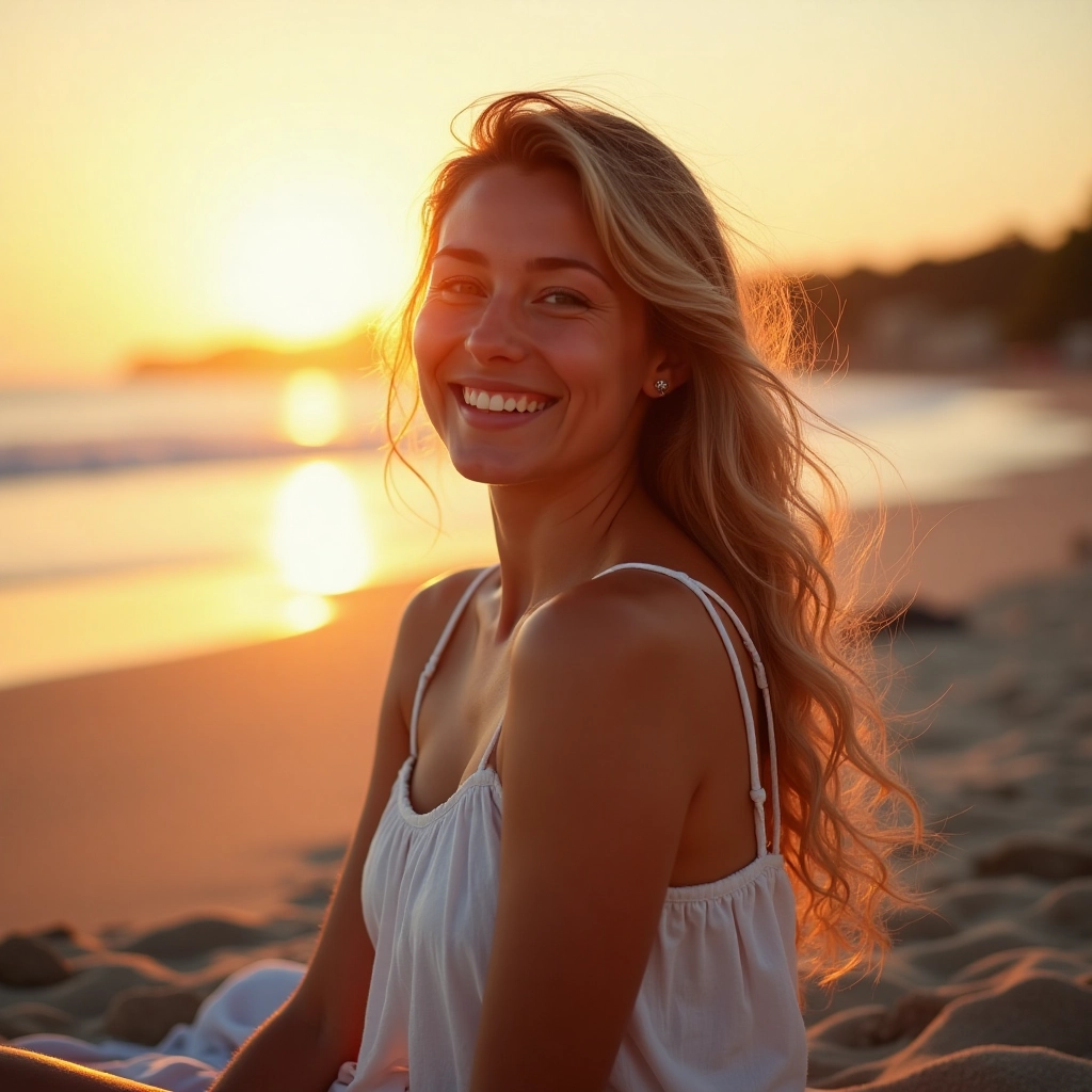 Full-body candid of a single person on a romantic beach picnic at sunset, casually dressed, gentle s...
