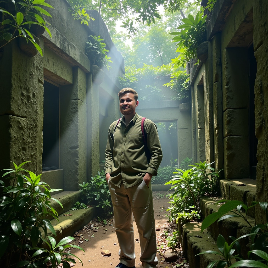 Portrait of an archaeologist (male) standing in moss-covered jungle temple ruins, sunlight streaming...