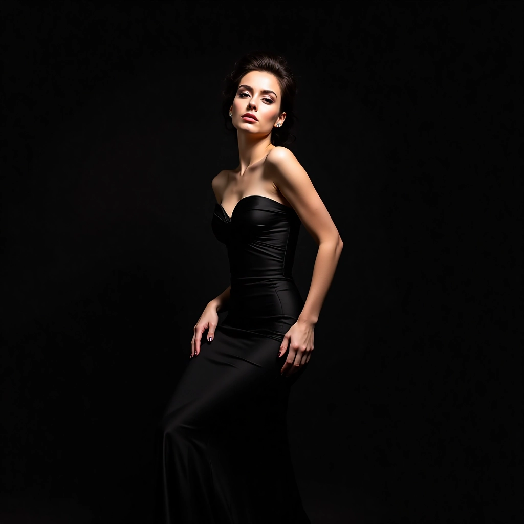 A woman in a sleek black gown, illuminated by a single overhead beauty dish, casting soft shadows on...