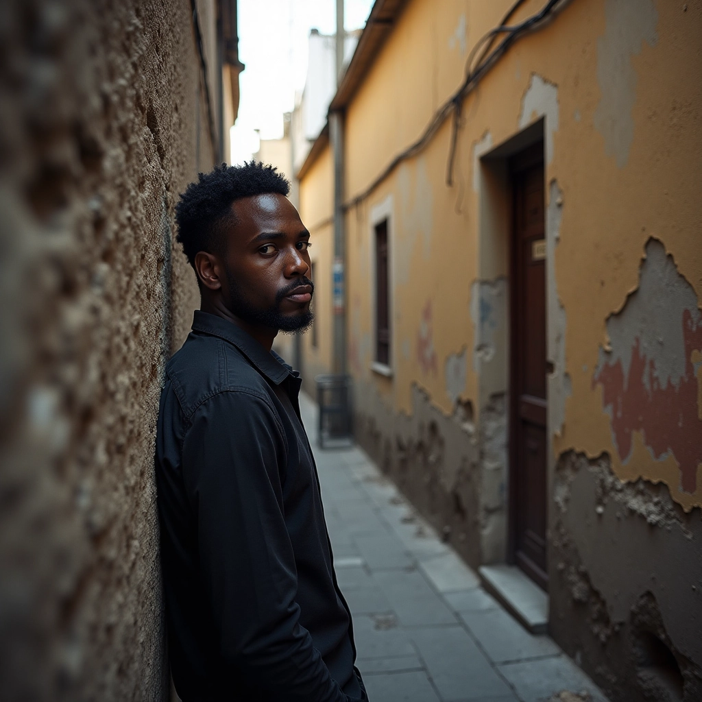 A man leaning against a weathered wall in a narrow alley, natural high-contrast light revealing text...