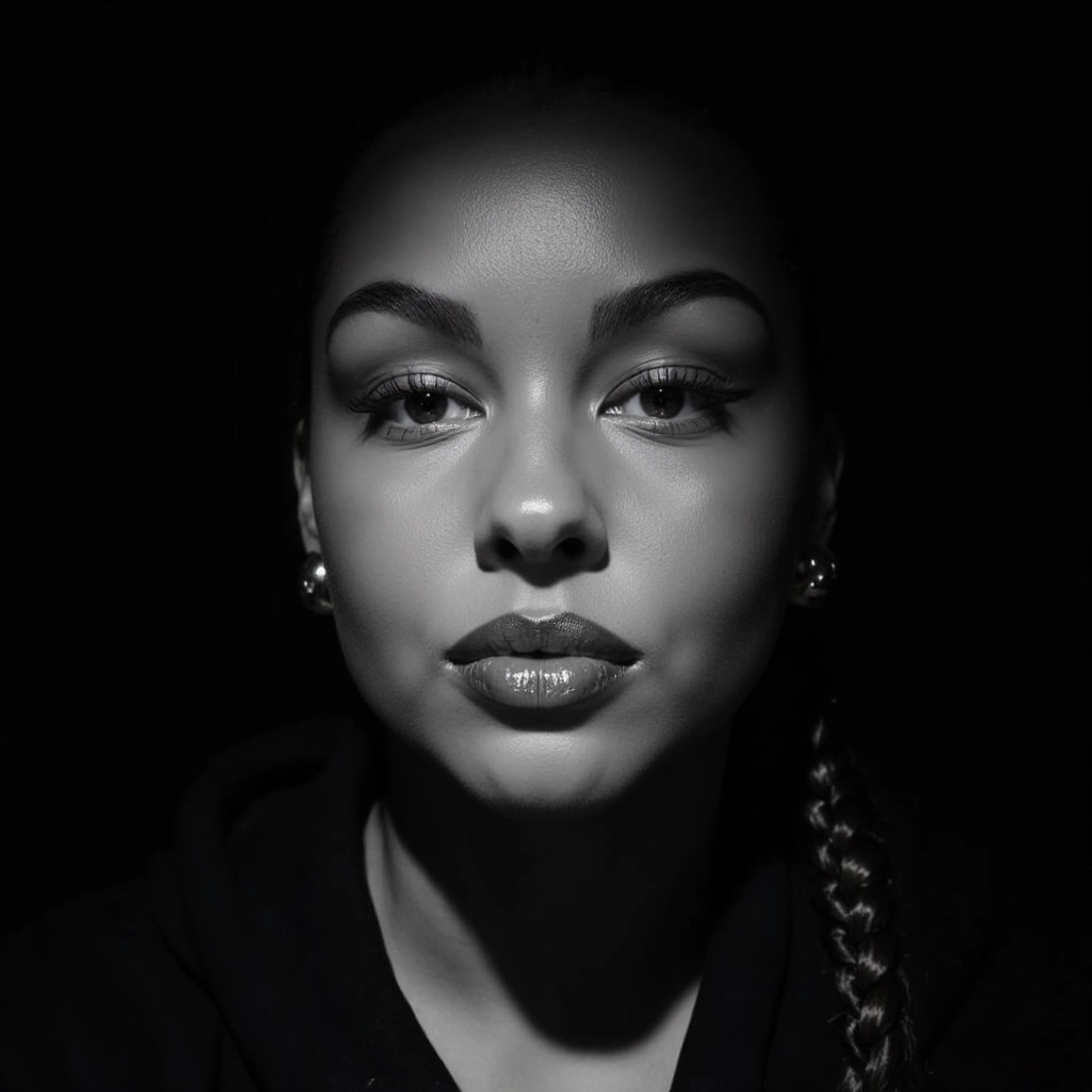 
A woman with intense eyes under a single harsh spotlight, dramatic shadows wrapping around his face...