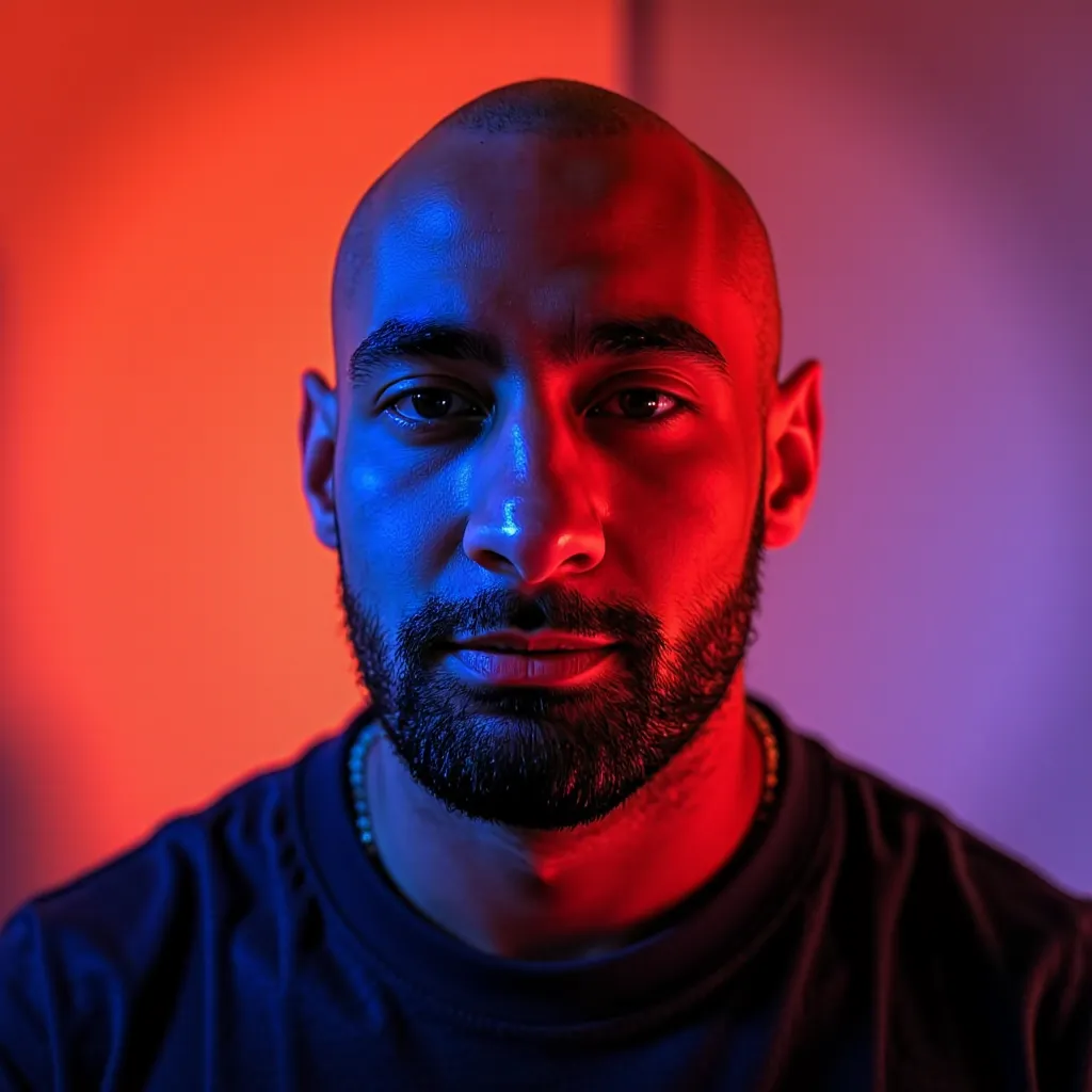 A bald skzkz man with striking facial features, bathed in vibrant red and blue light from overhead c...