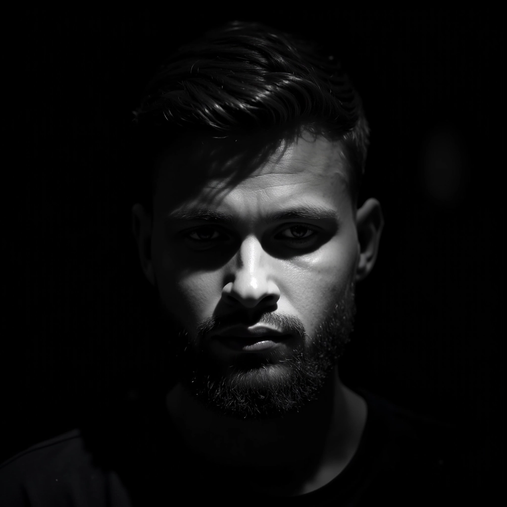 A man with intense eyes under a single harsh spotlight, dramatic shadows wrapping around his face, h...
