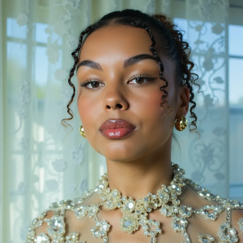 Portrait of TOK woman, realistic face slowly transforming into clusters of clear crystals, reflectiv...