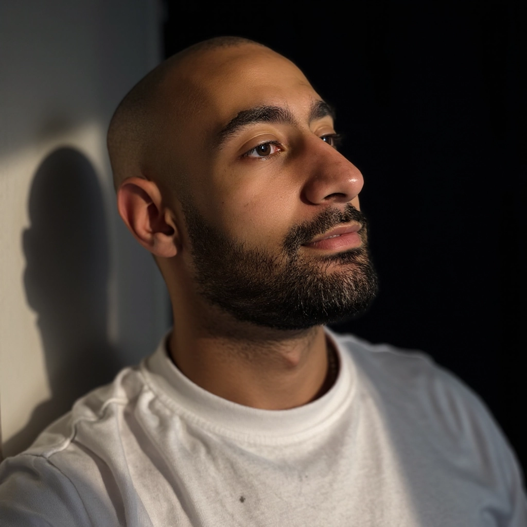 A headshot photo of a bald skzkz man, wearing white shirt, dramatic side lighting...