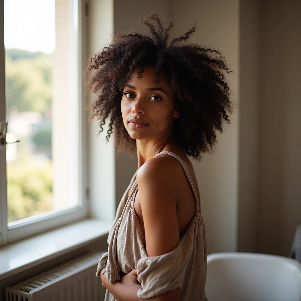 A woman with curly hair, positioned near a large window with soft, natural light spilling in. The st...
