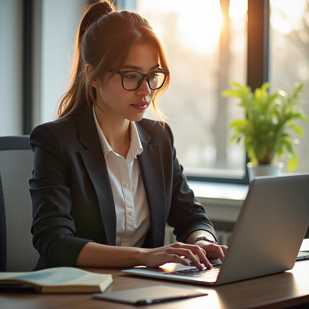 Mid-shot of a professional in smart casual attire working at a laptop in a bright co-working space, ...