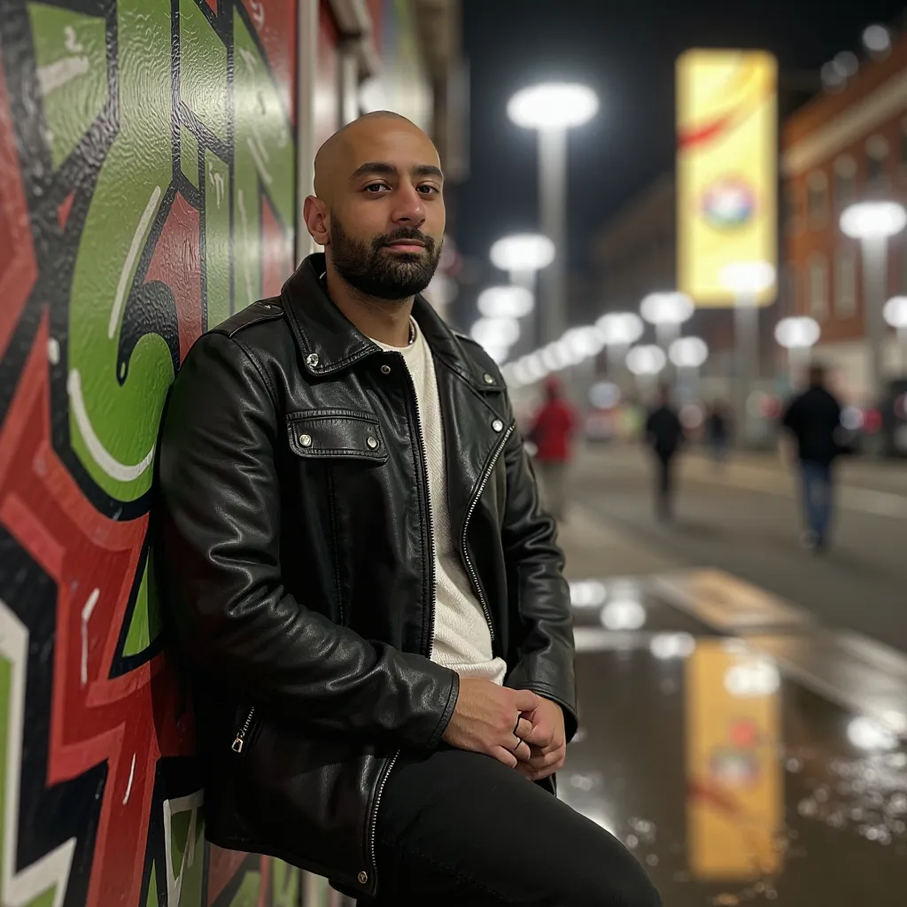 A bald skzkz man in a leather jacket, leaning against a graffiti-covered wall, city lights reflectin...