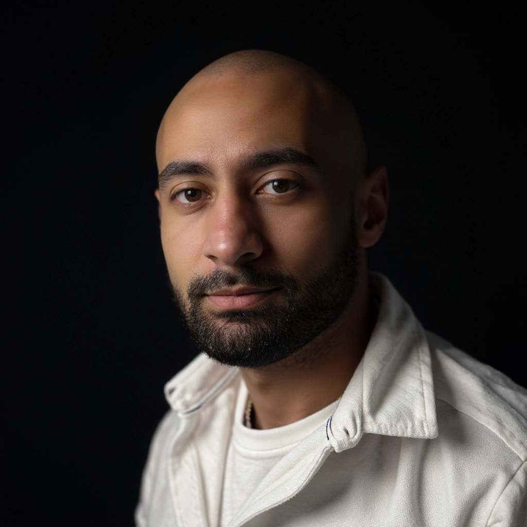 A headshot photo of a bald skzkz man, wearing white shirt, dramatic side lighting...
