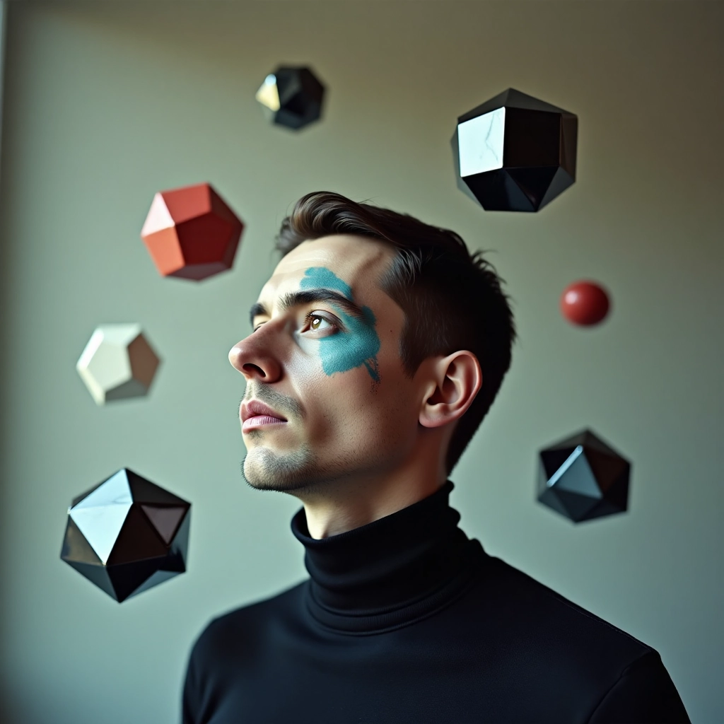 A man with abstract face paint, surrounded by surreal props like floating geometric shapes and refle...