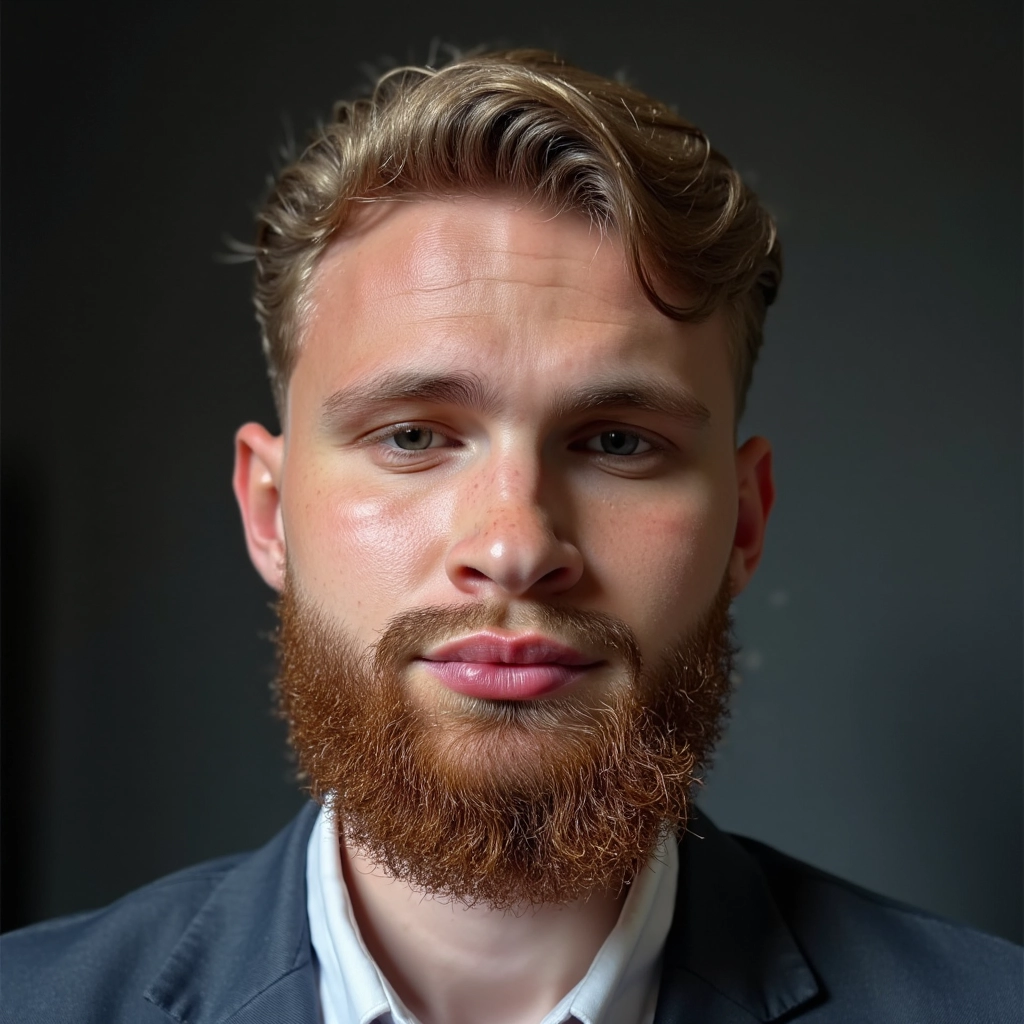 Portrait headshot of a confident mid-30s man, 85 mm lens, Canon EOS R3 style, soft three-point light...
