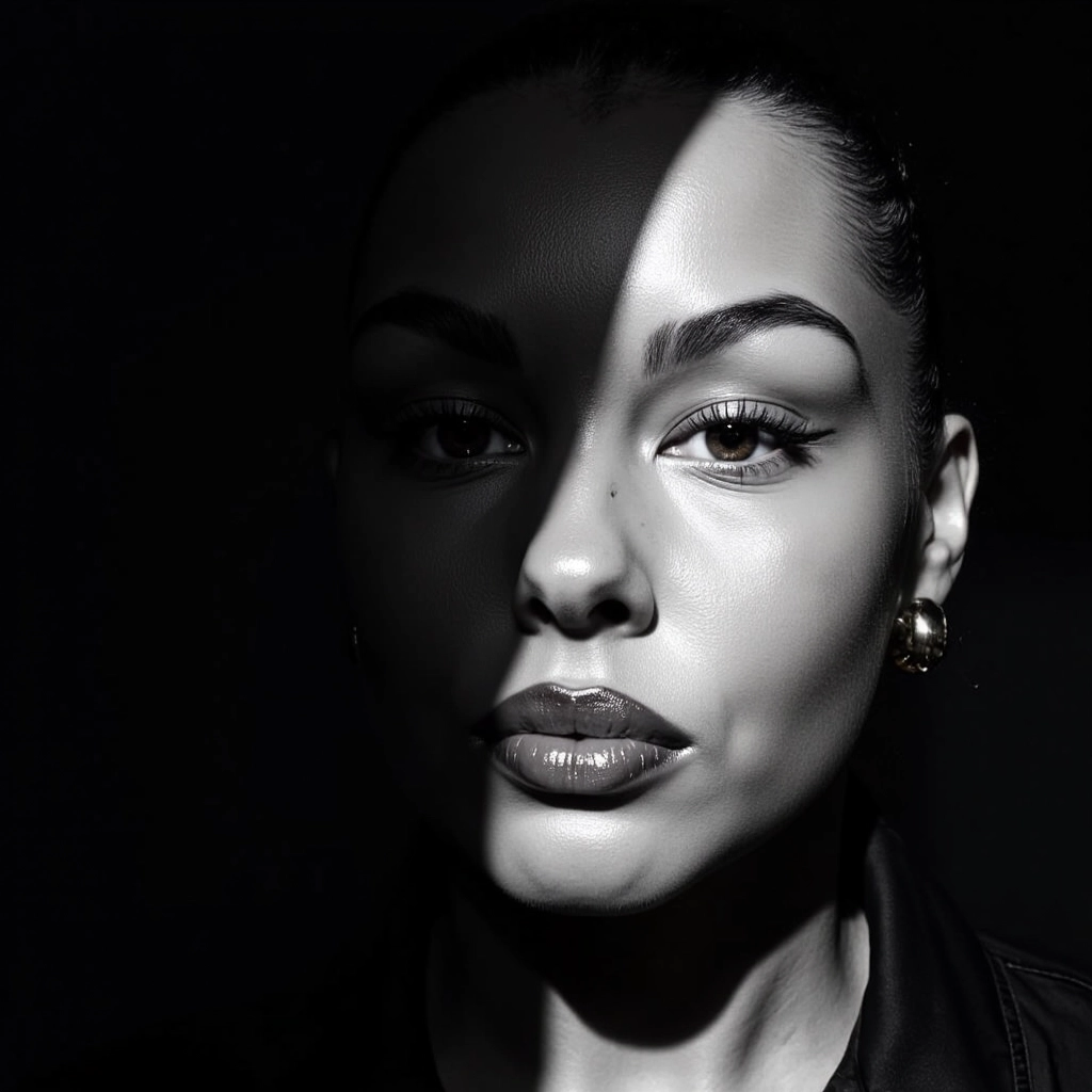 A woman with intense eyes under a single harsh spotlight, dramatic shadows wrapping around his face,...