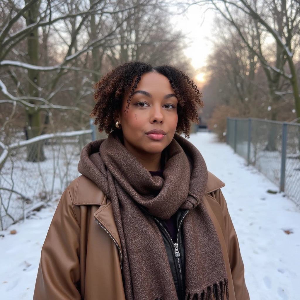 Portrait of a single person in a cozy coat and scarf in a snowy forest, soft snowfall, warm backligh...