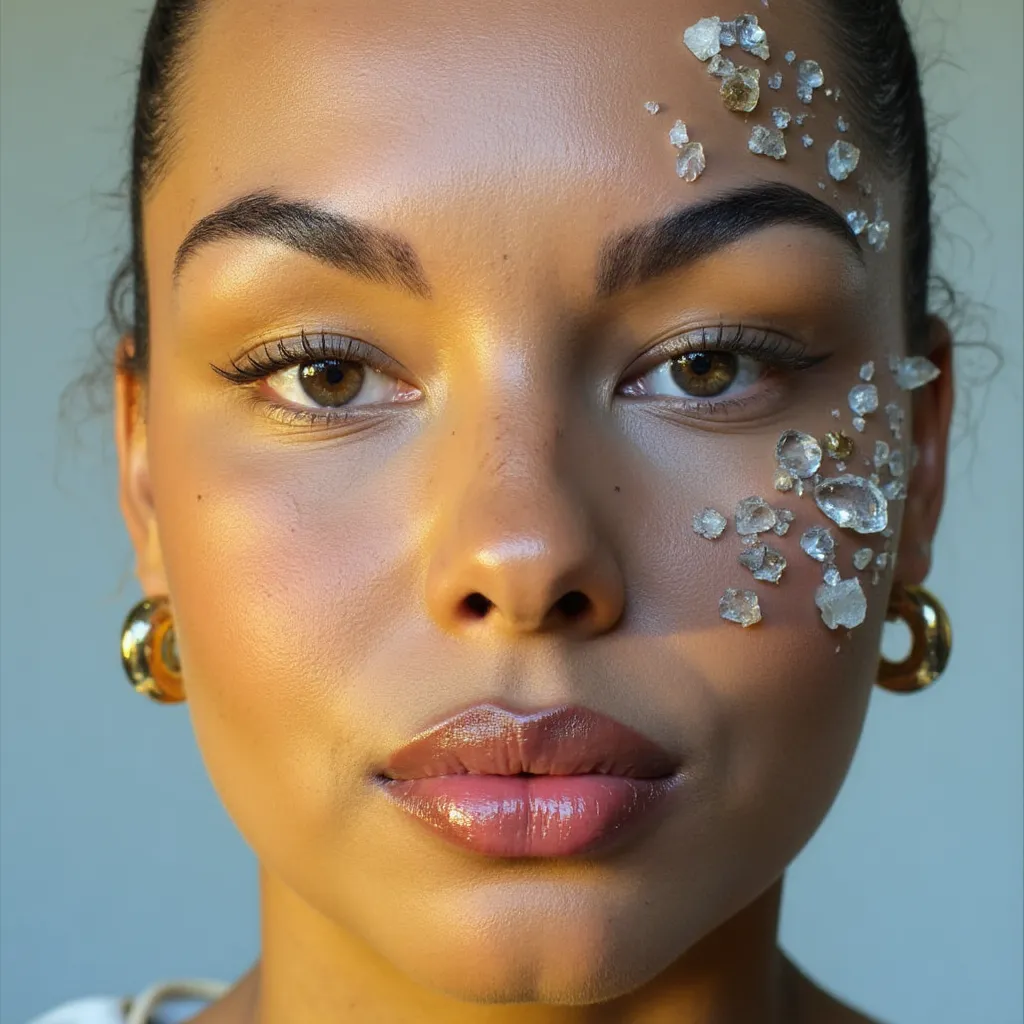 Portrait of TOK woman, realistic face slowly transforming into clusters of clear crystals, reflectiv...