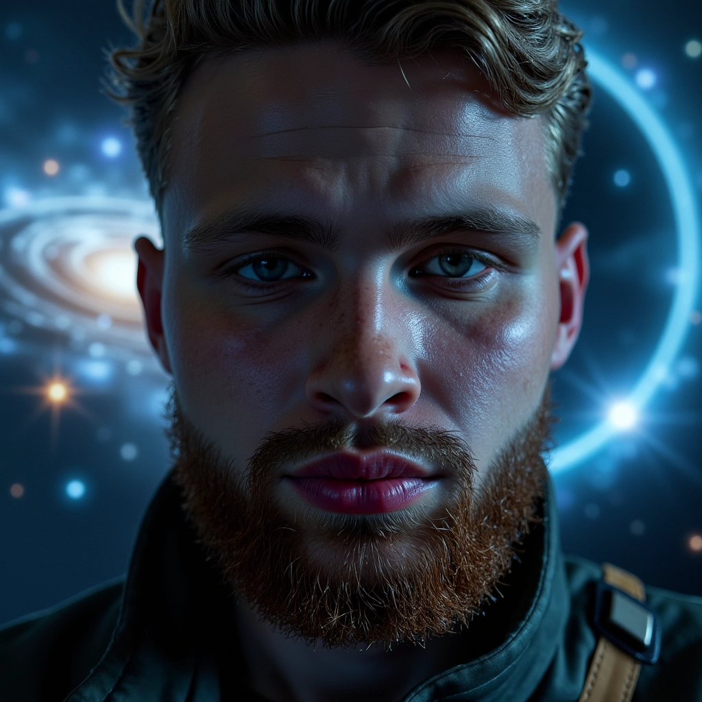 A man with deep-set eyes, his face partially illuminated by the glow of a holographic screen. The ba...