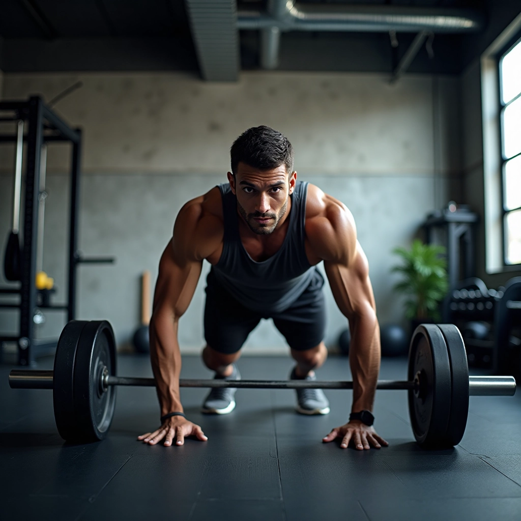 Dynamic full-body shot of a single person mid-pushup in a modern gym, focused expression, motion blu...