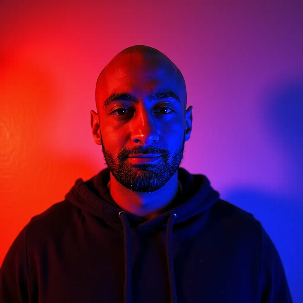 A bald skzkz man with striking facial features, bathed in vibrant red and blue light from overhead c...