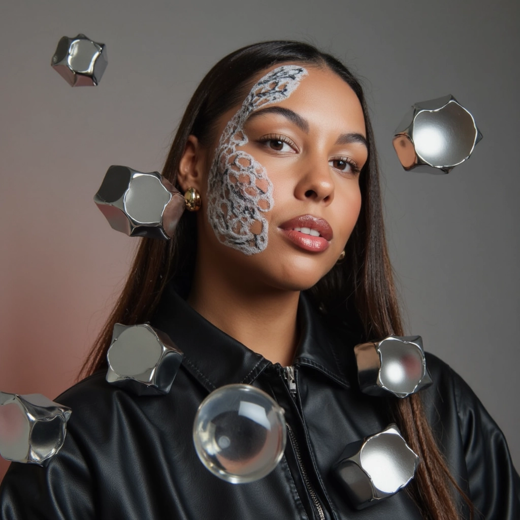 A woman with abstract face paint, surrounded by surreal props like floating geometric shapes and ref...