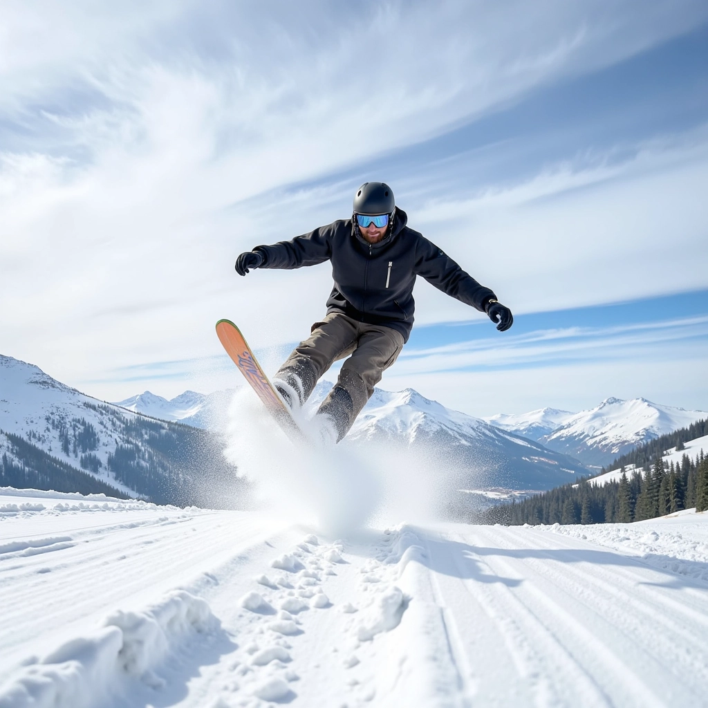 Full-body action shot of a single skier mid-jump in fresh powder snow, cold breath visible, dramatic...
