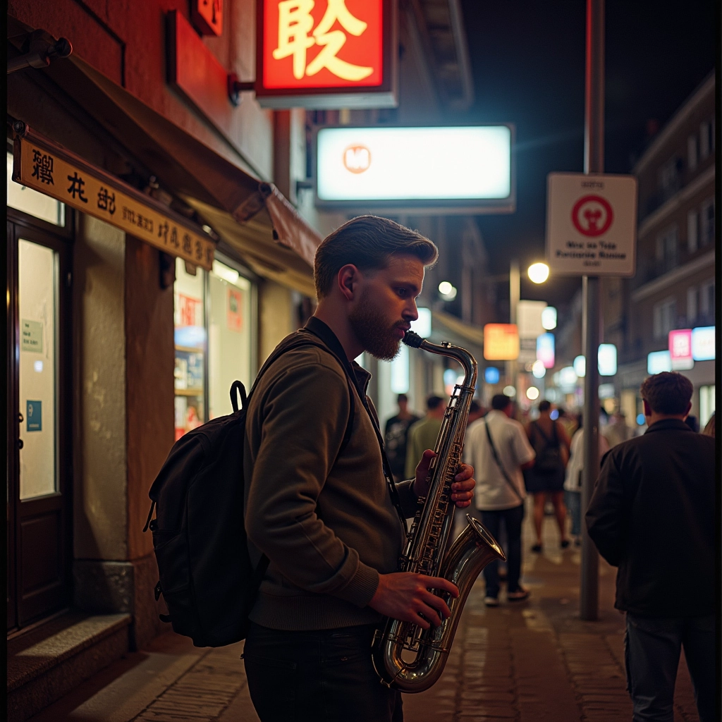 Portrait of a single street musician under neon signs at night, lens flare, film grain, Fujifilm Sup...