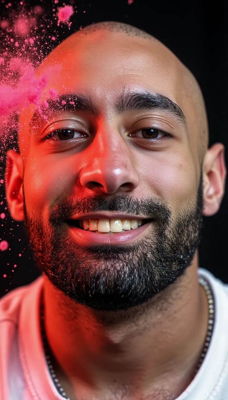 Portrait of bald skzkz man, vibrant powder explosion around face, vivid color cloud effects, dramati...