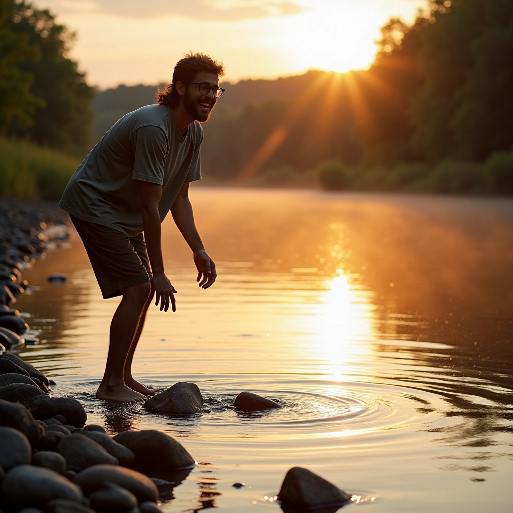Candid shot of a single person laughing while skipping stones by a river at golden hour, 35 mm lens,...