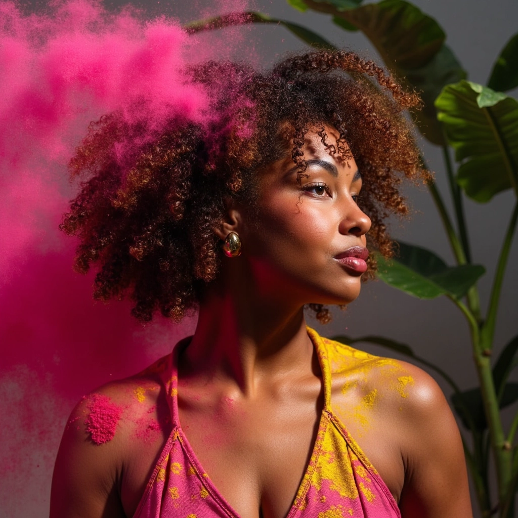 Portrait of a TOK  woman, Afro curly hair,  vibrant colored powder explosions captured mid-air, cine...