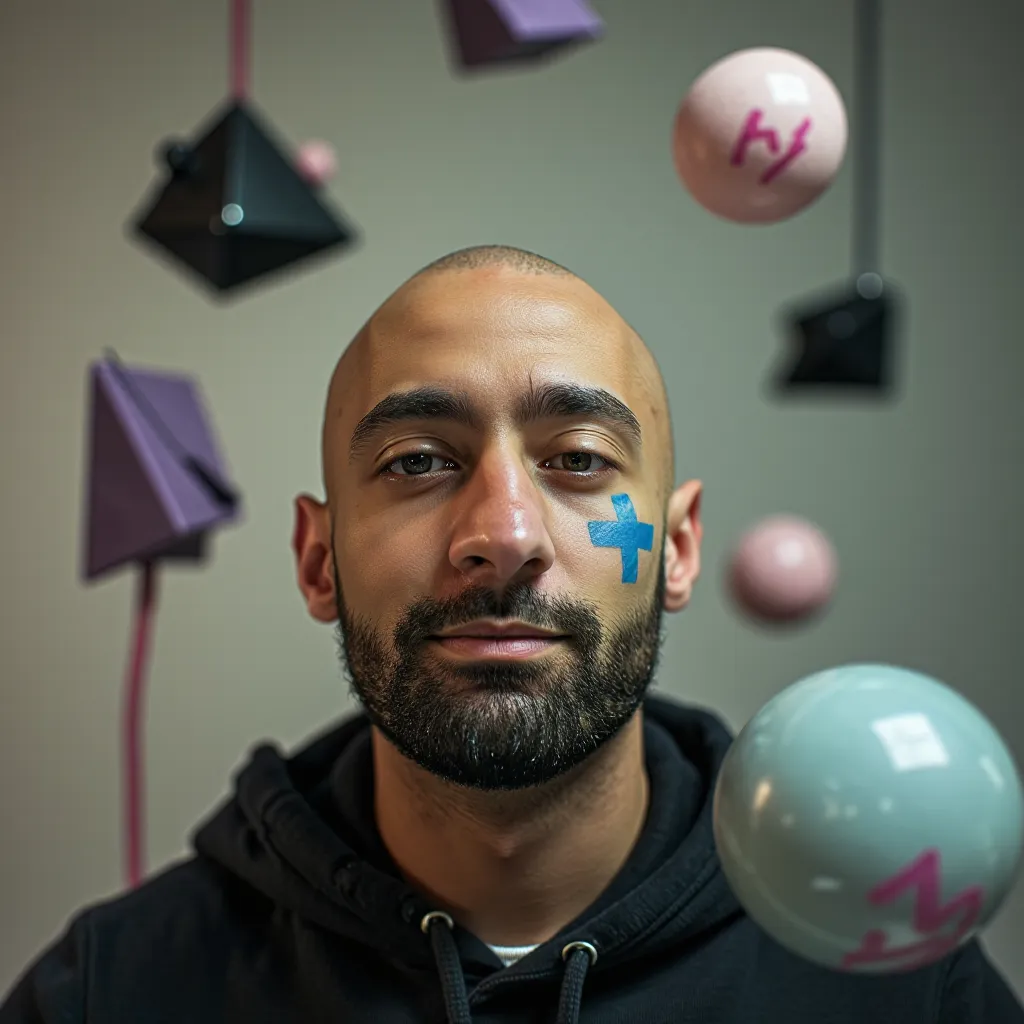 A bald man with abstract face paint, surrounded by surreal props like floating geometric shapes and ...