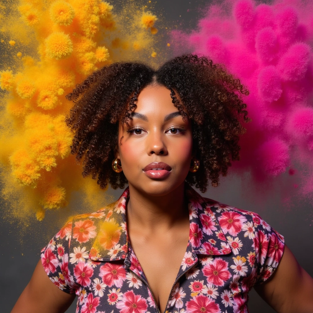 Portrait of a TOK  woman, Afro curly hair, realistic face and attire accented with vibrant colored p...