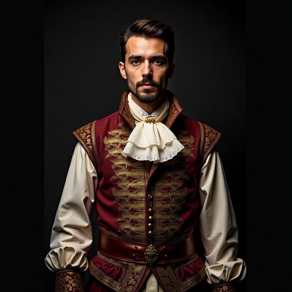 A man in elaborate costume, transformed into a historical figure, dramatic lighting and composition,...