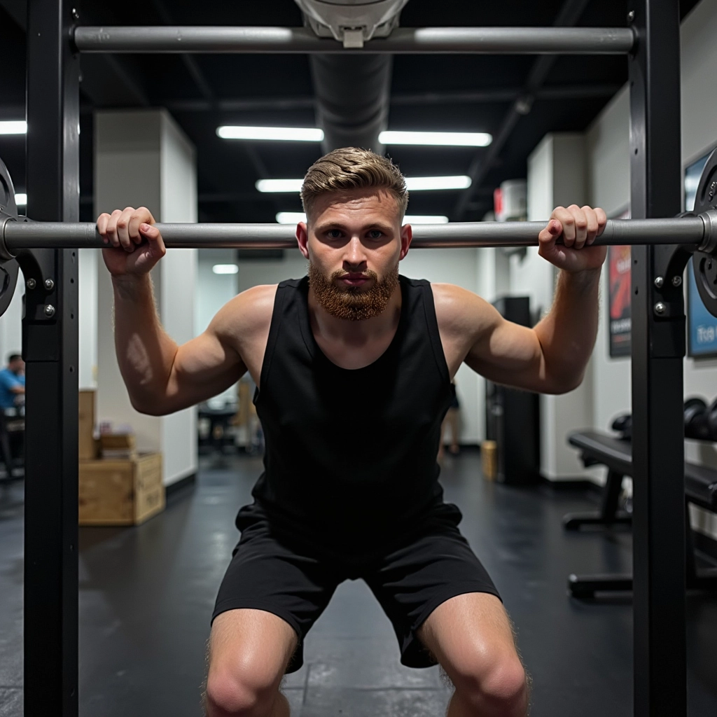 Dynamic full-body shot of a single person mid-pushup in a modern gym, focused expression, motion blu...
