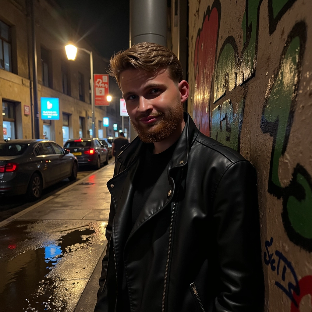 A man in a leather jacket, leaning against a graffiti-covered wall, city lights reflecting in puddle...