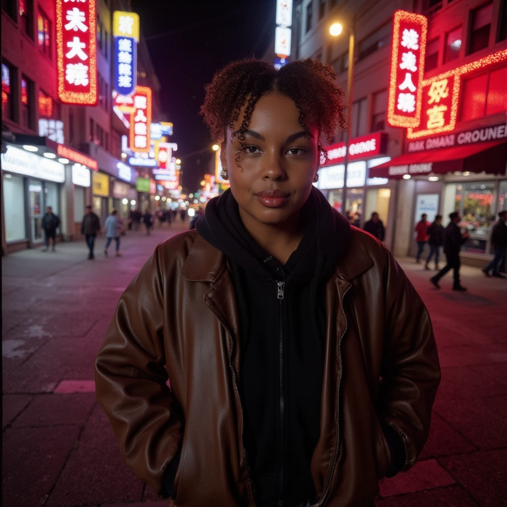 Portrait of a single street musician under neon signs at night, lens flare, film grain, Fujifilm Sup...
