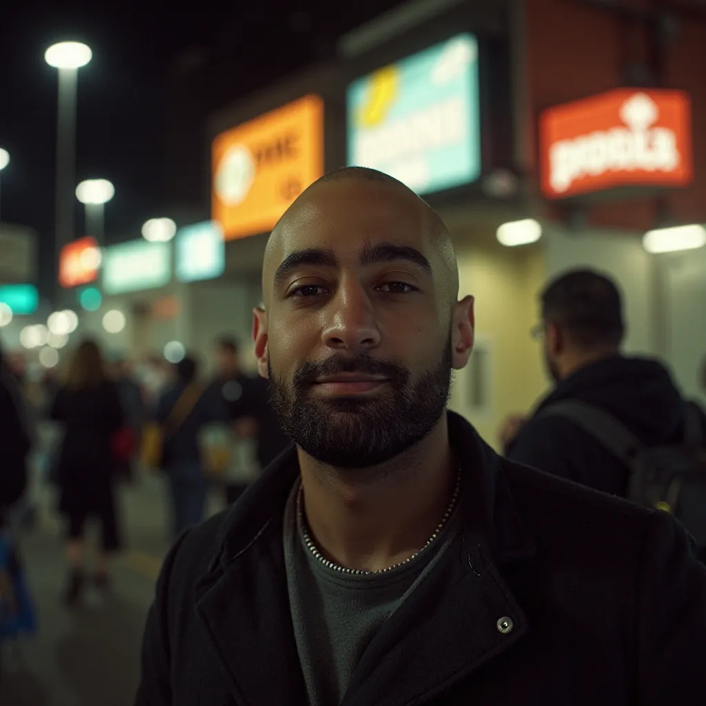 Portrait of a bald single street musician under neon signs at night, lens flare, film grain, Fujifil...