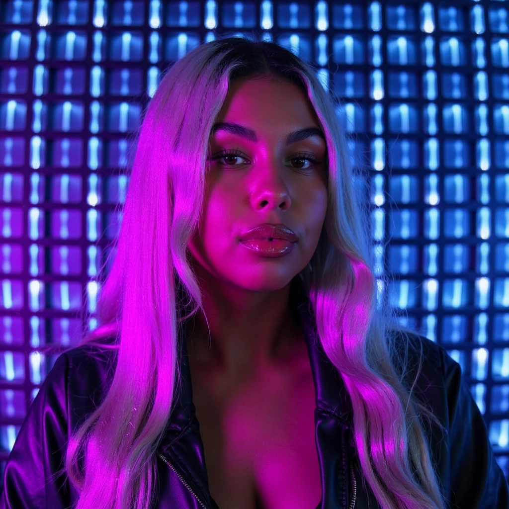 A woman with metallic silver hair, bathed in neon purple and teal lights. The backdrop is a digital ...