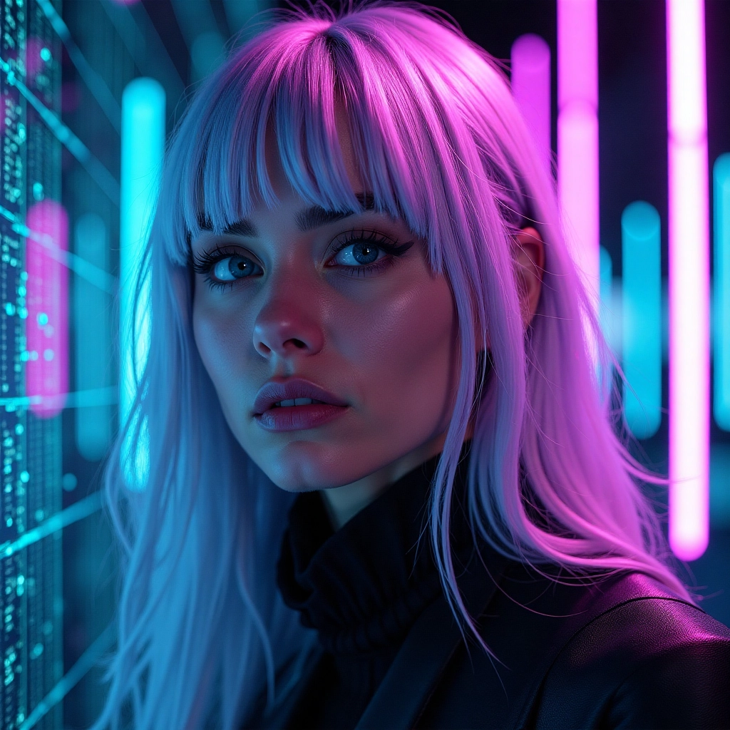A woman with metallic silver hair, bathed in neon purple and teal lights. The backdrop is a digital ...