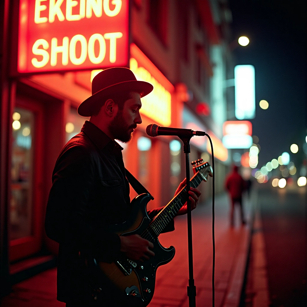 Portrait of a single street musician under neon signs at night, lens flare, film grain, Fujifilm Sup...