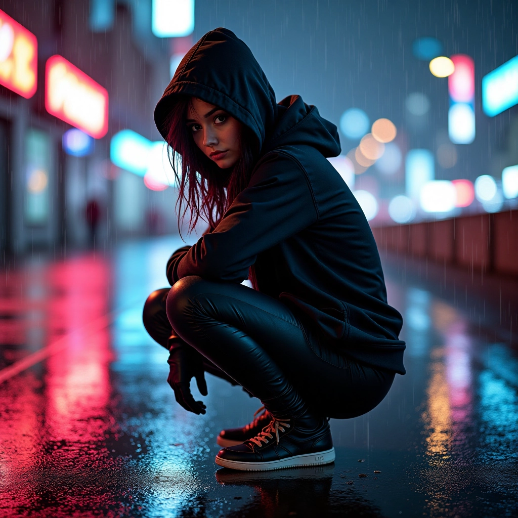 Night portrait of a female cyberpunk hacker crouching on a neon-lit rooftop, rain-slicked surfaces r...