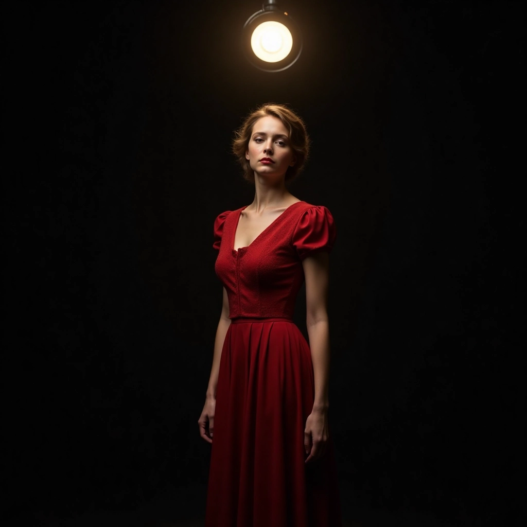 A woman in a vintage red dress, standing under a single overhead spotlight. The rest of the studio i...
