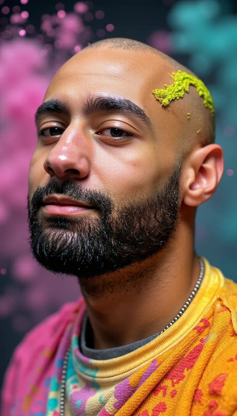 Portrait of a bald skzkz man, face seamlessly blending with vibrant powder explosions in the air, dy...