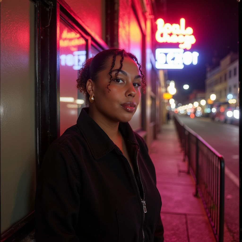 Portrait of a single street musician under neon signs at night, lens flare, film grain, Fujifilm Sup...