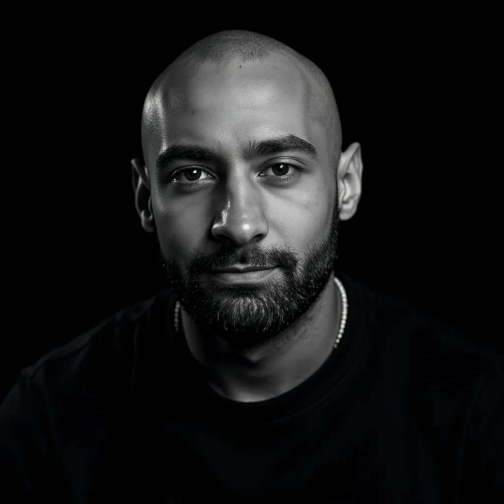 A bald man, captured in stark black and white. A single hard light source creates deep shadows and s...