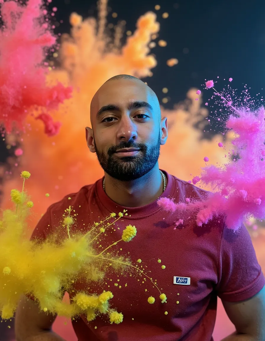 studio portrait of a bald skzkz man, surrounded by vibrant powder paint explosions frozen mid-air, c...