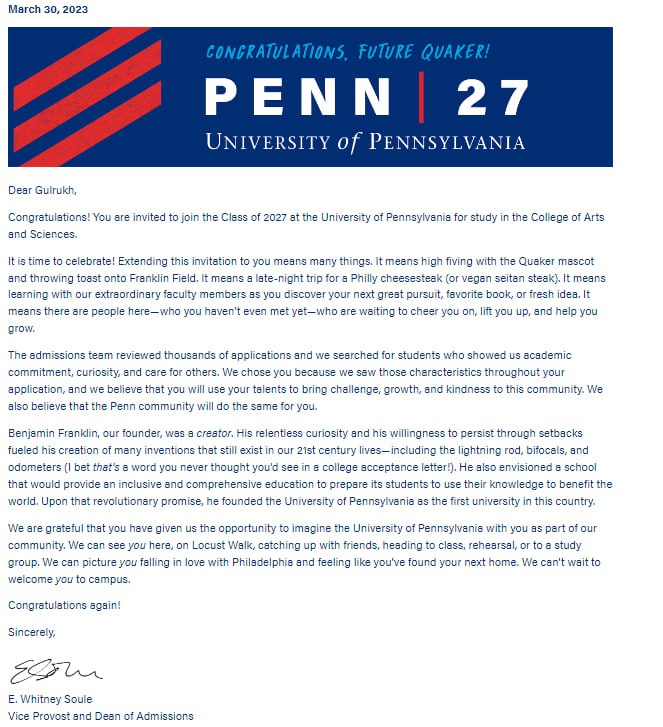 Upenn Acceptance Letter