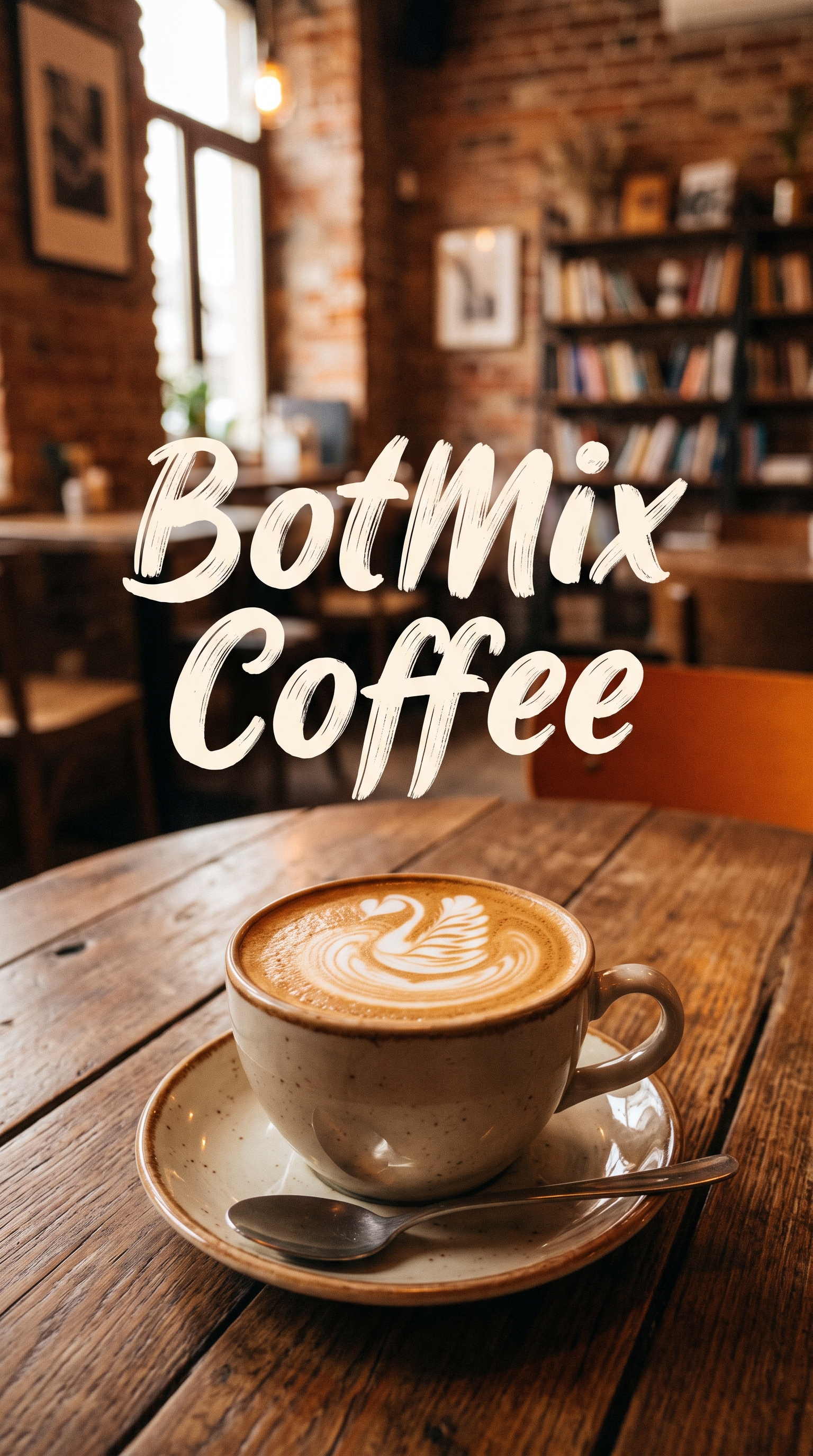 Постер кофейни: чашка капучино с латте-артом и надпись BotMix Coffee аккуратным шрифтом, тёплые тона, реалистичная типографика