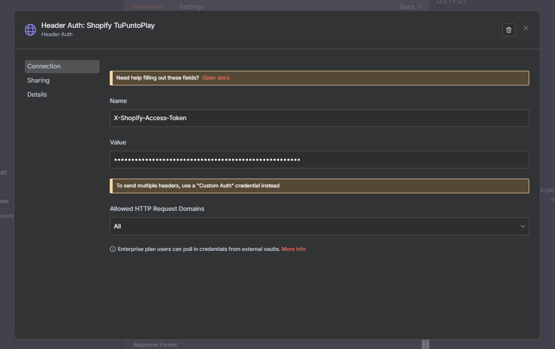 Header Auth Shopify en n8n