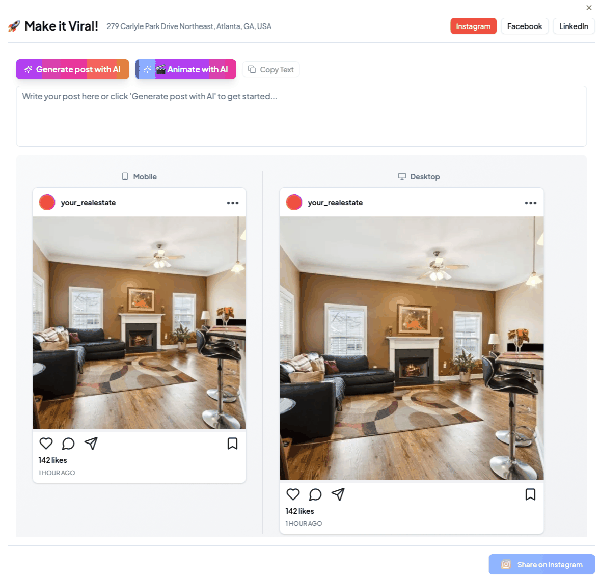 AI caption generator creating social media post text