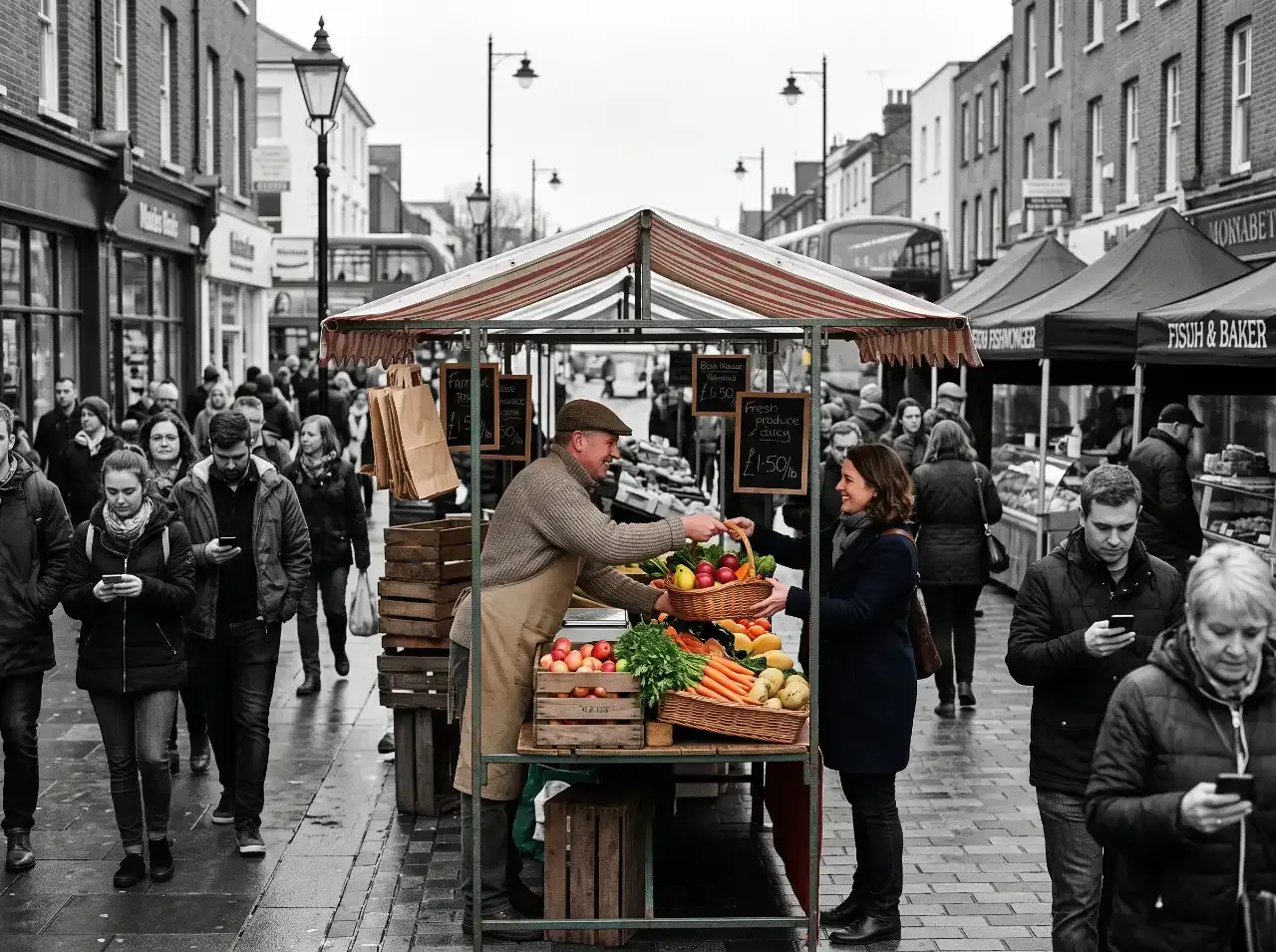 A black and white photo of a crowded UK street market with distracted people on phones, except for a centrally focused, full-color interaction where a vendor hands fresh produce to a smiling customer. Generated with Gemini.