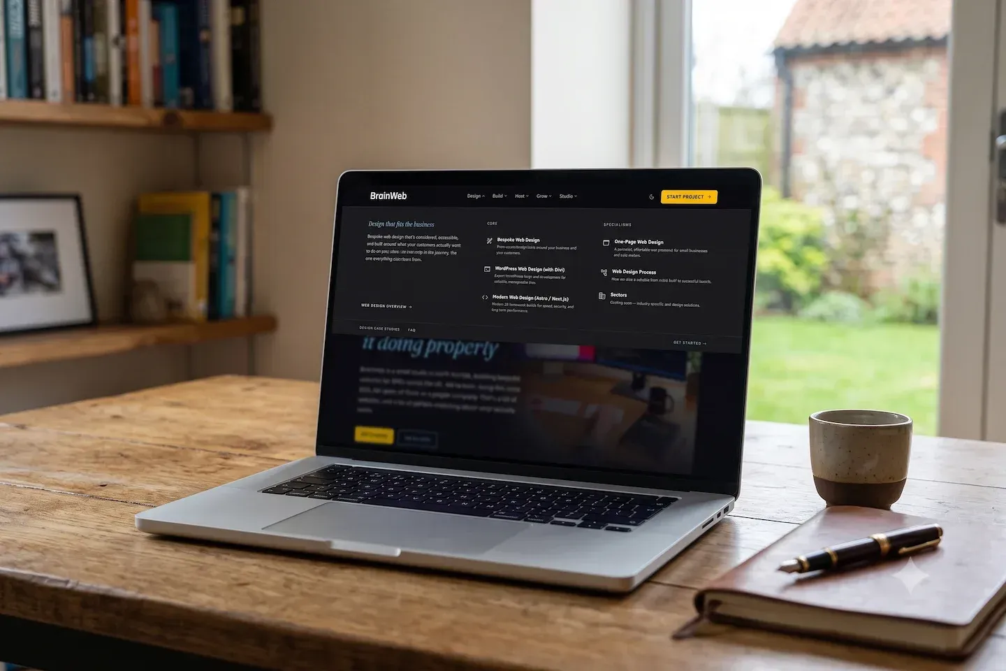 A mockup of our new website, showing the mega menu design on a laptop screen. The screenshot was taken while the website was under development, and the mockup was created using Gemini. 